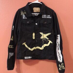 Rue 21 Jacket Woman Small Black Yellow White Button Up Long Sleeve Denim Jacket